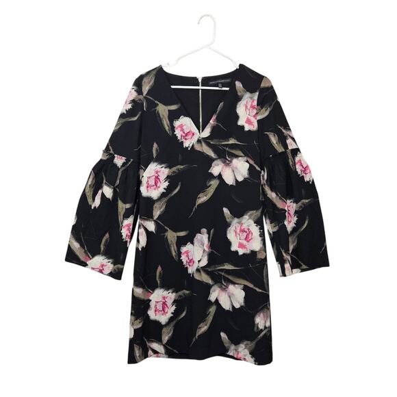White House Black Market Long Bell Sleeve Floral Shift Dress V Neck Size 4 Small - Picture 3 of 9